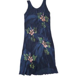 Tropical Batik OS Hawaiian Luau Tank Dark Blue Dress Crushed Fabric Hibiscus